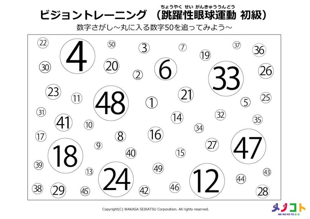 跳躍性眼球運動初級トレーニングシート 数字あり