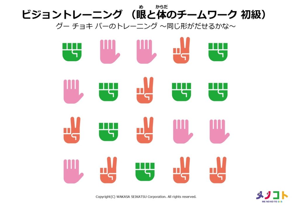 眼と体のチームワーク初級「グー・チョキ・パーのトレーニング-同じ形がだせるかな-」トレーニングシート