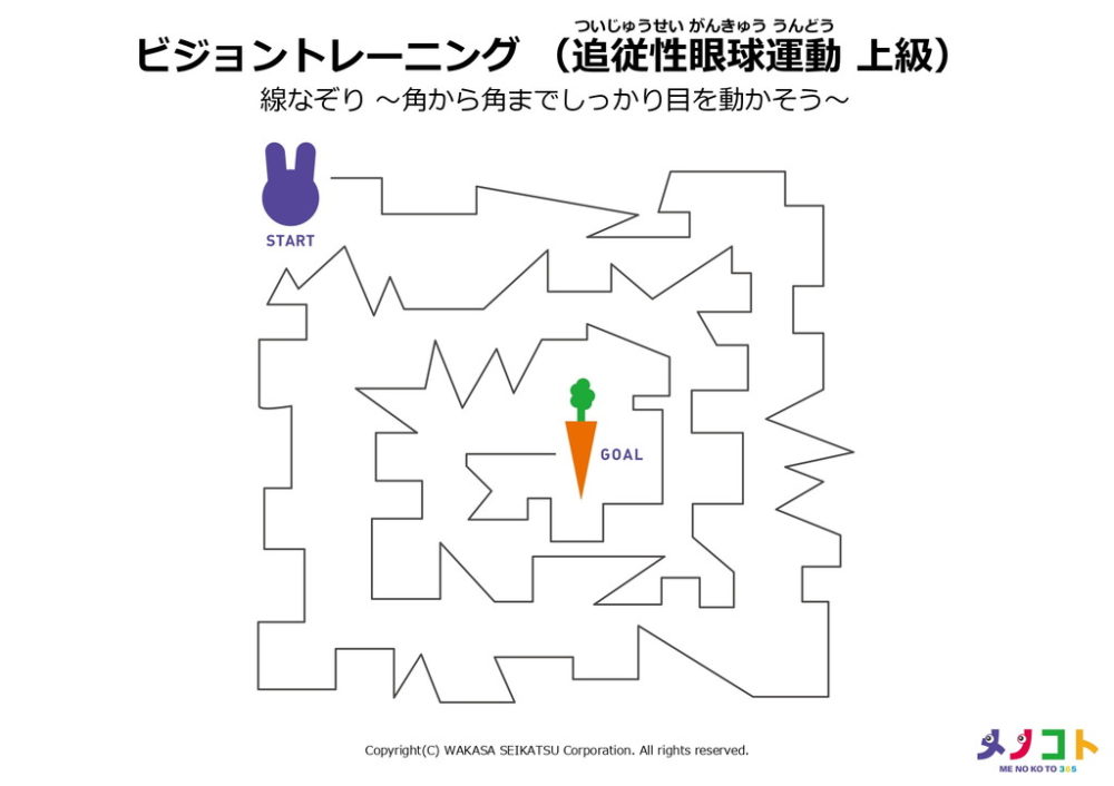 ビジョントレーニング追従性眼球運動上級「線なぞり-角から角までしっかり目を動かそう-」ワークシート
