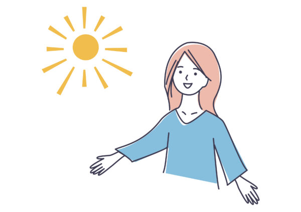 冬は日照時間が短いため、目や体調に影響を与える　その為、朝日を浴びる女性イラスト