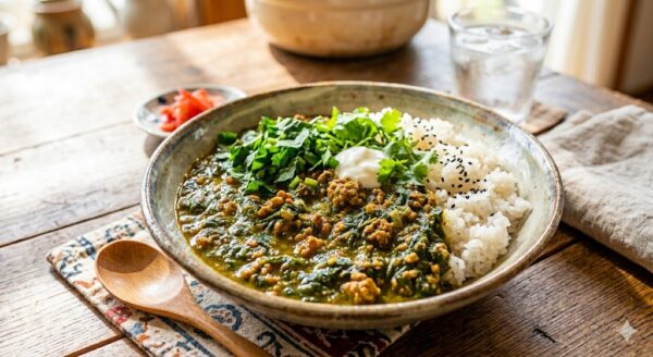 ルテインを豊富に含むモロヘイヤとひき肉の無水カレー