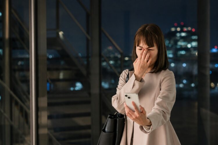 暗闇でスマホを見る女性